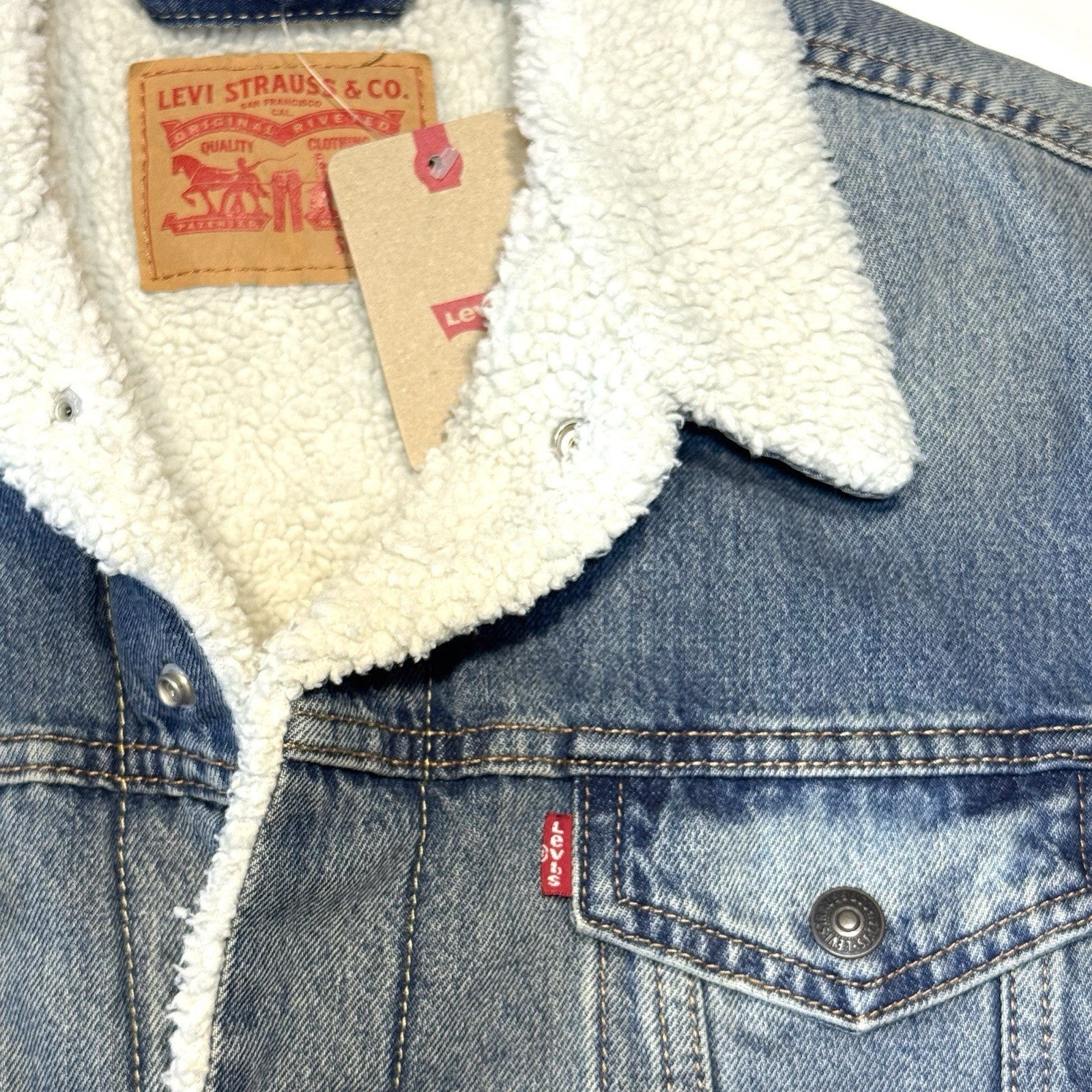 LEVIS Mens Recycled Sherpa Jacket Denim Jean Trucker Jacket Light Blue