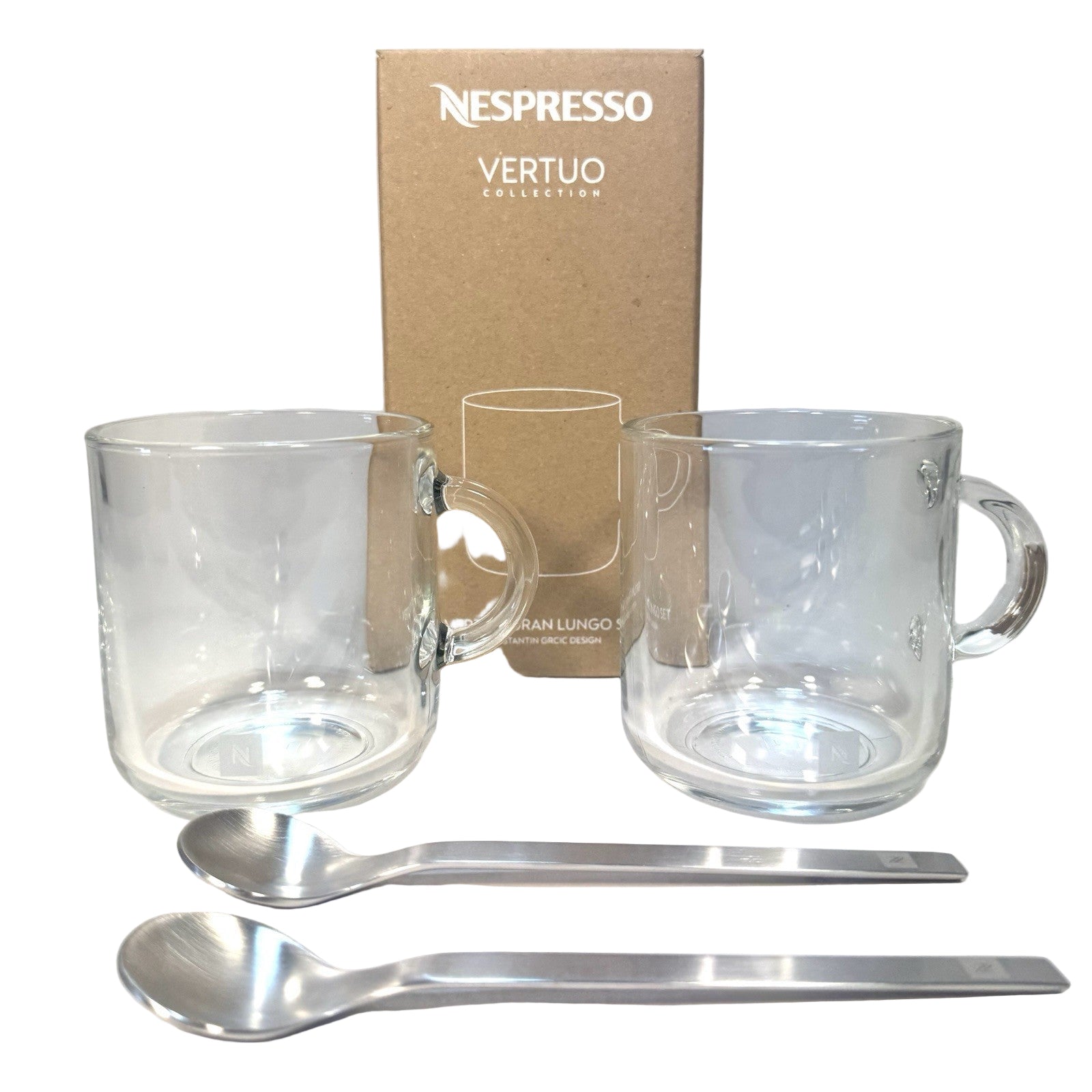 NESPRESSO Vertuo Gran Lungo Glass Coffee Cups Mugs and Spoons Set of 2