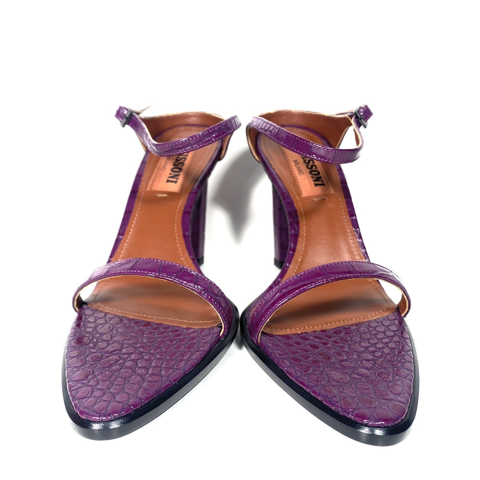 MISSONI Womens Crocodile Embossed Leather Heel Sandals Purple (MSRP $810)