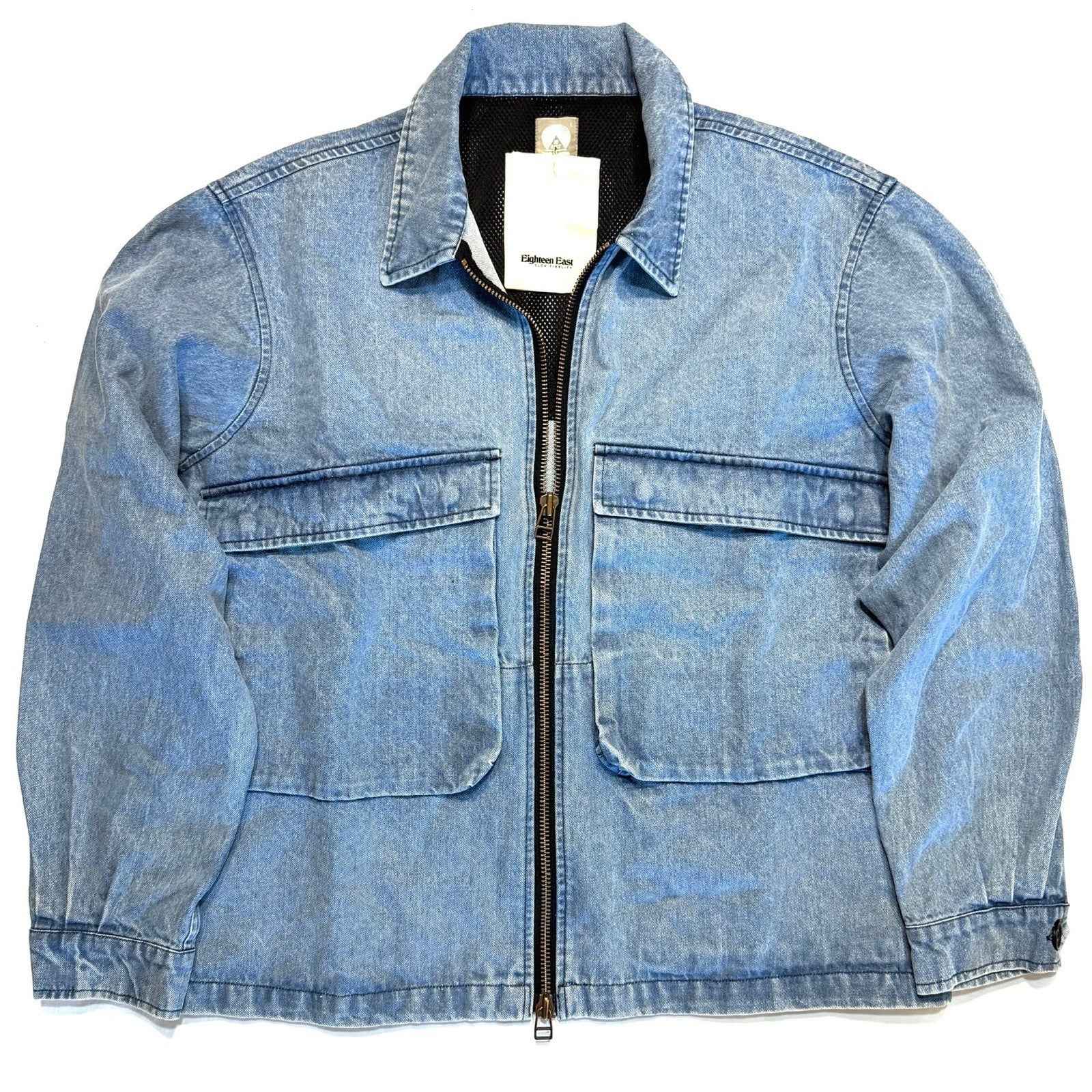 18 EAST Mens Zip Bellows Denim Coach's Jacket Light Blue (MSRP $248)