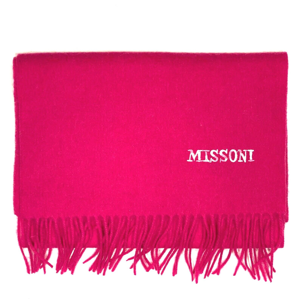 MISSONI Womens Wool Fringe Scarf Pink Logo Navy Blue Gray Fuchsia