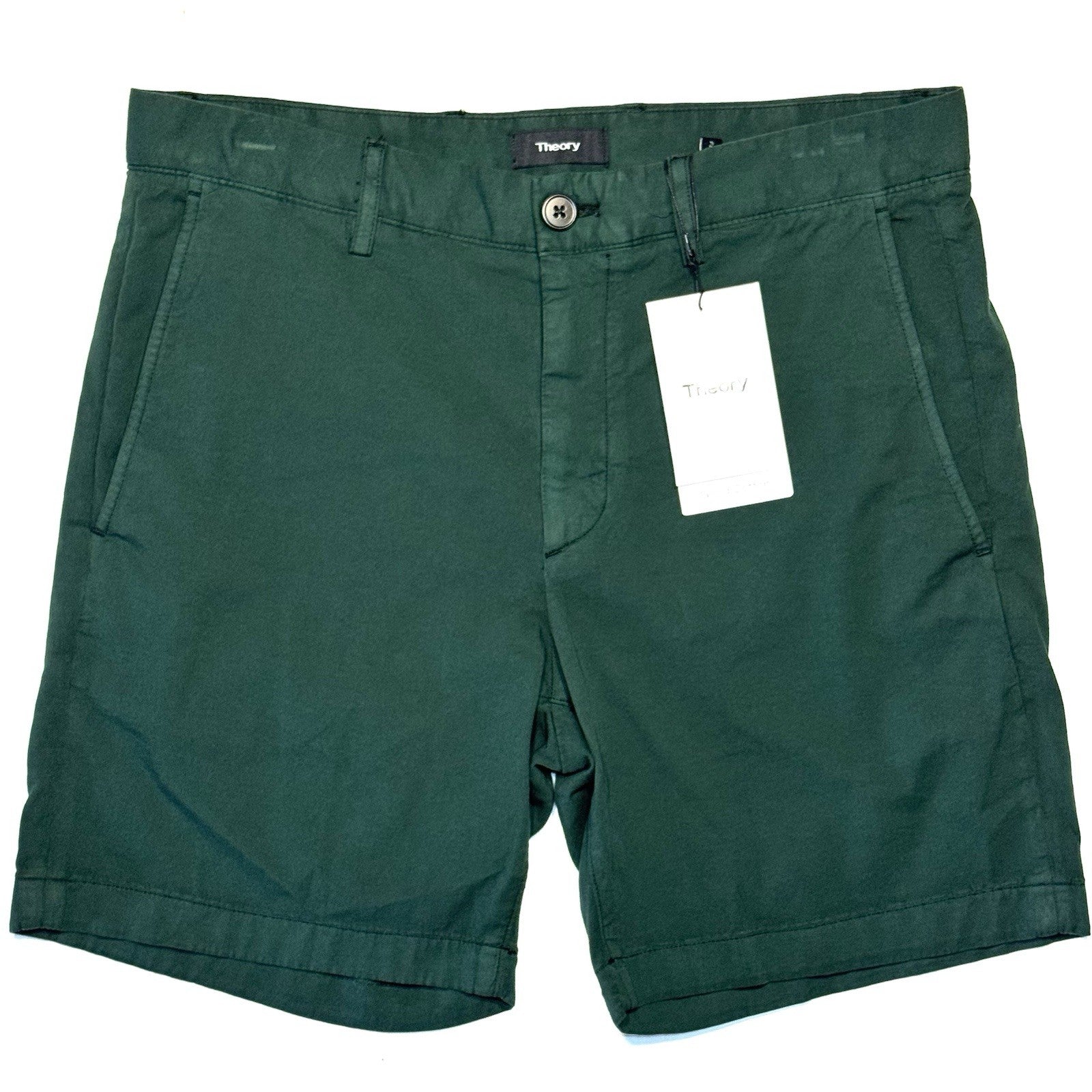 THEORY Mens Zaine 7in Stretch Cotton Chino Shorts Pine Green (MSRP $145)