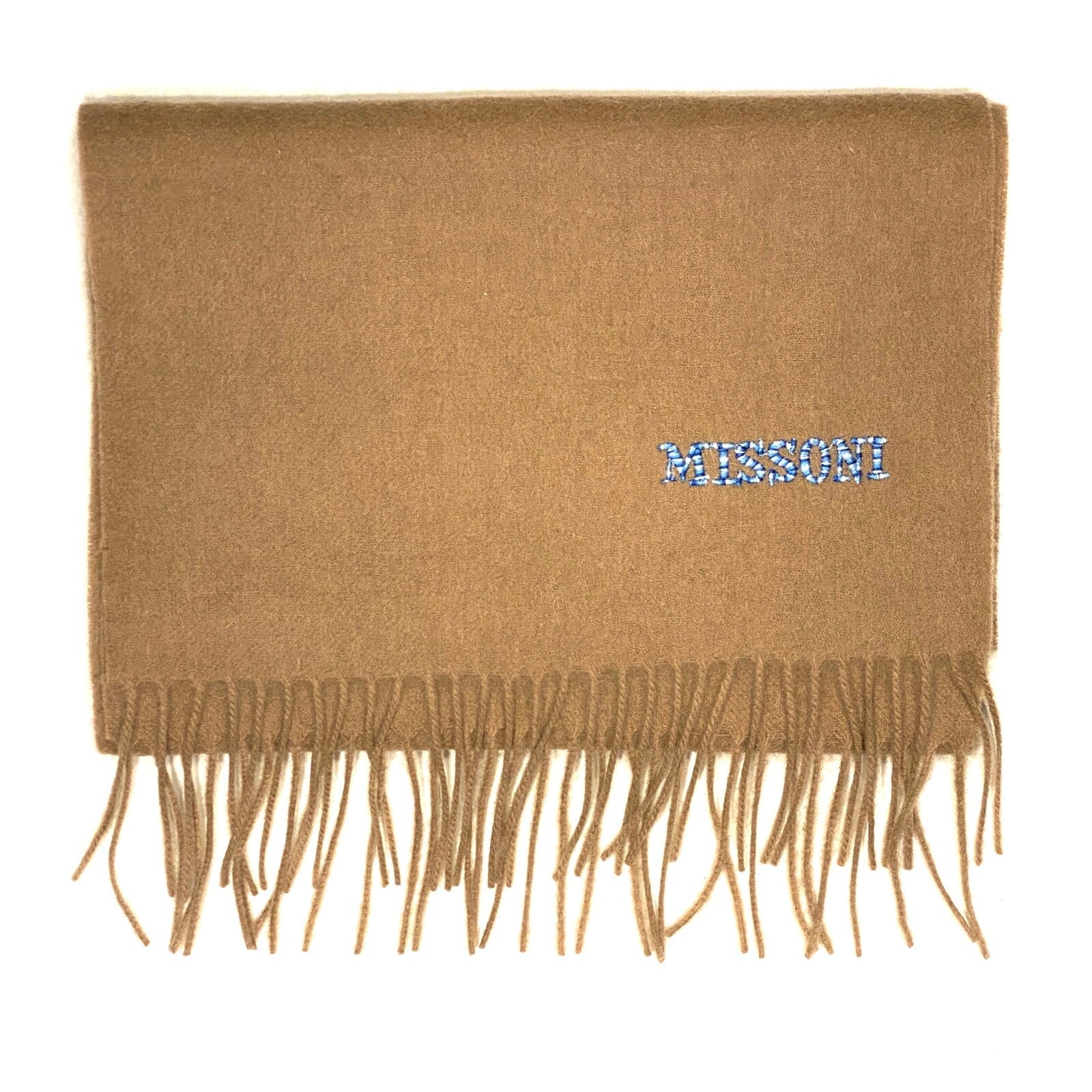 MISSONI Mens Womens Wool Fringe Scarf Blue Logo Navy Gray Beige