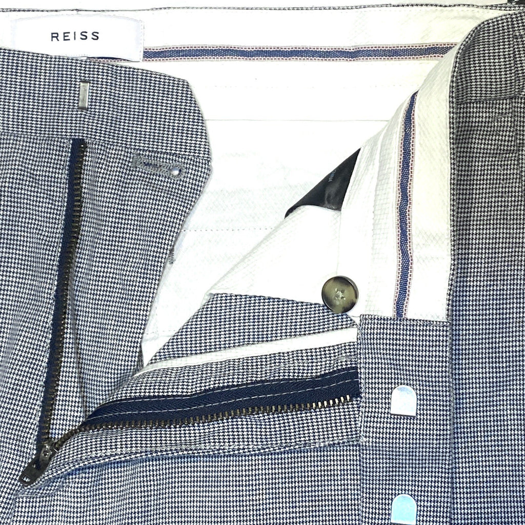 REISS Mens Joe Puppytooth Houndstooth Linen Trousers Pants Blue 30R (MSRP $195)