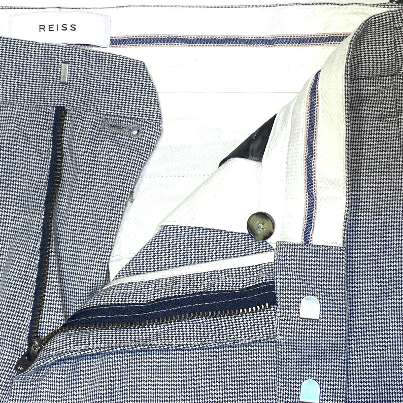 REISS Mens Joe Puppytooth Houndstooth Linen Trousers Pants Blue 30R (MSRP $195)