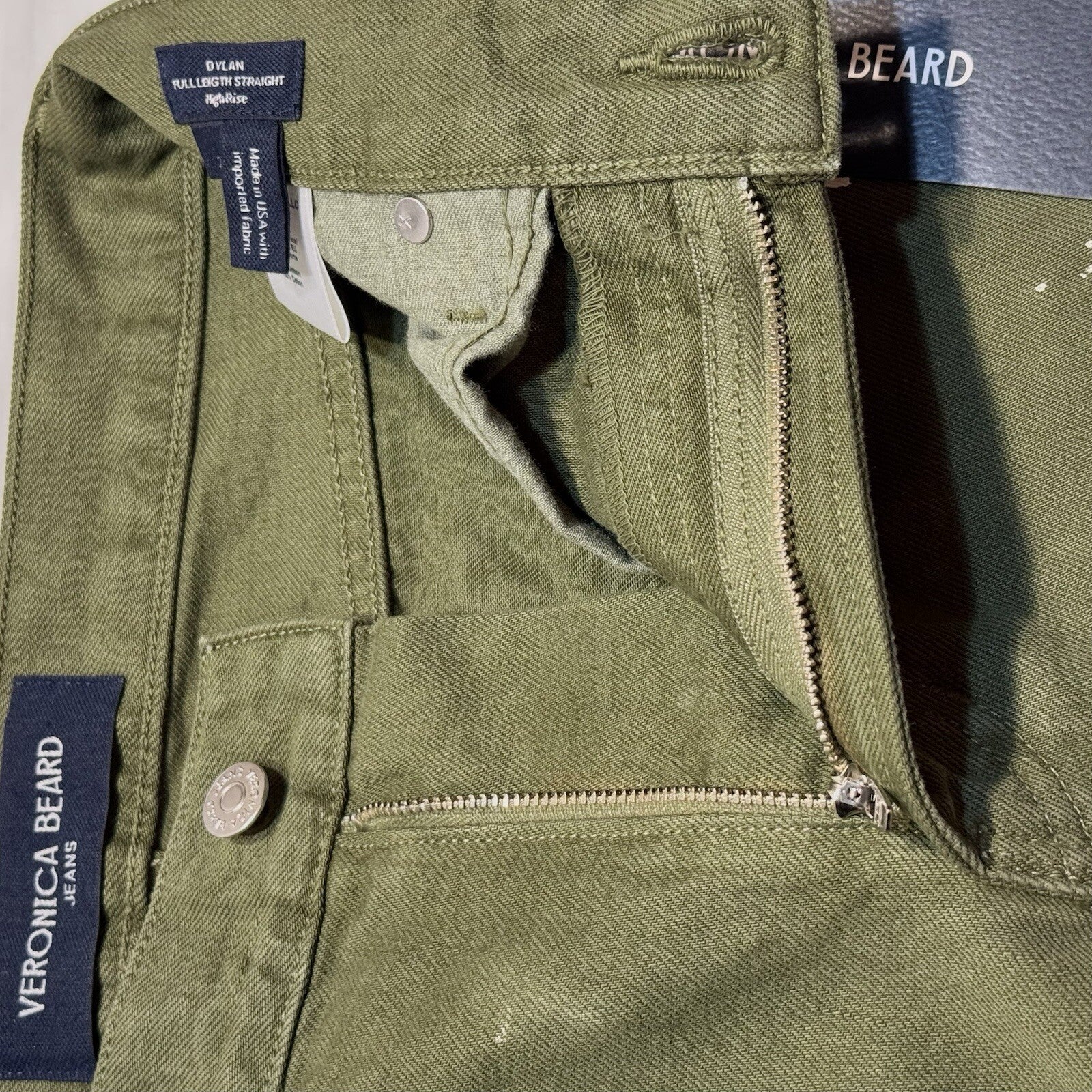 VERONICA BEARD Dylan Paint Splatter Patch Denim Jeans Green (MSRP $328)