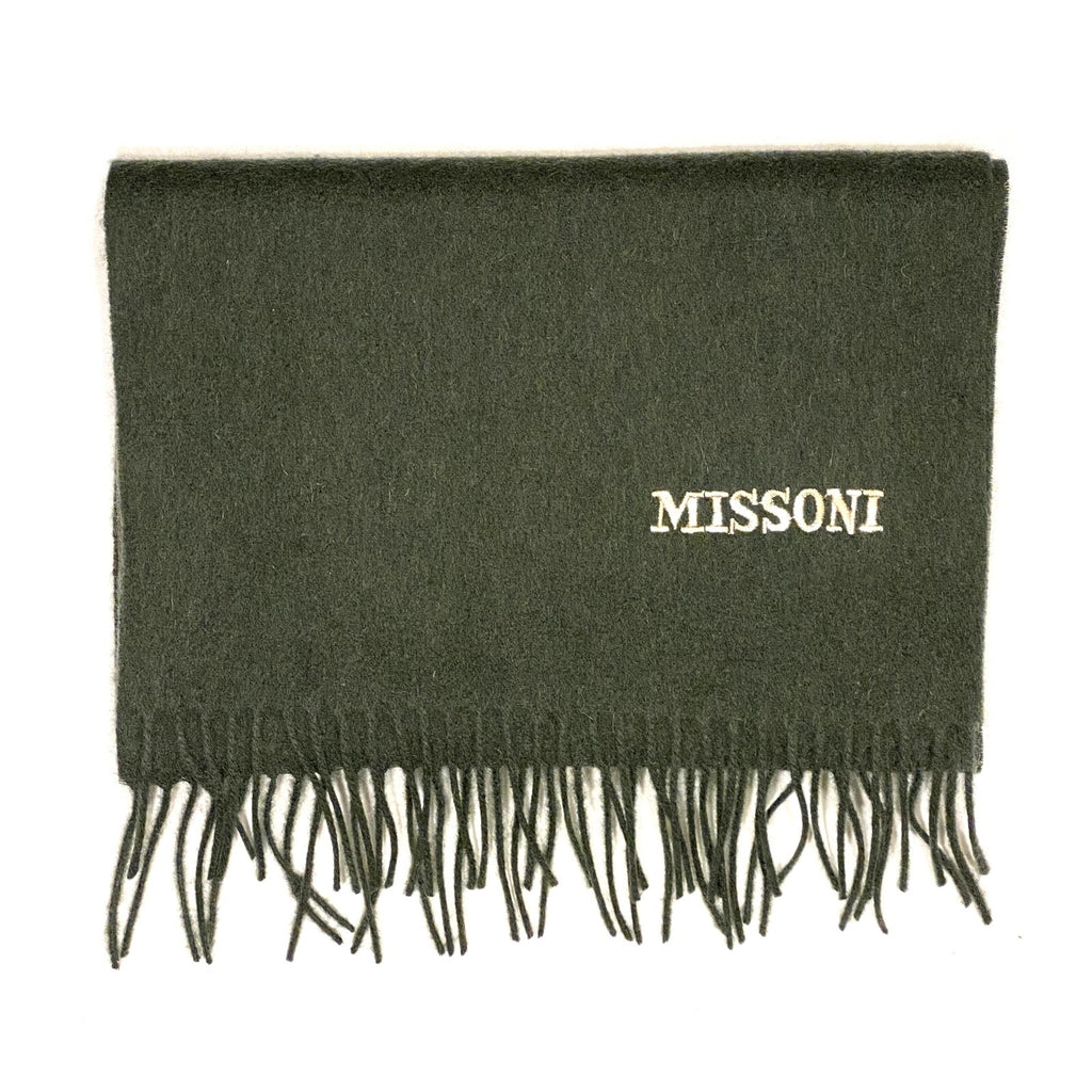 MISSONI Mens Womens Wool Fringe Scarf Ivory Logo Green Gray