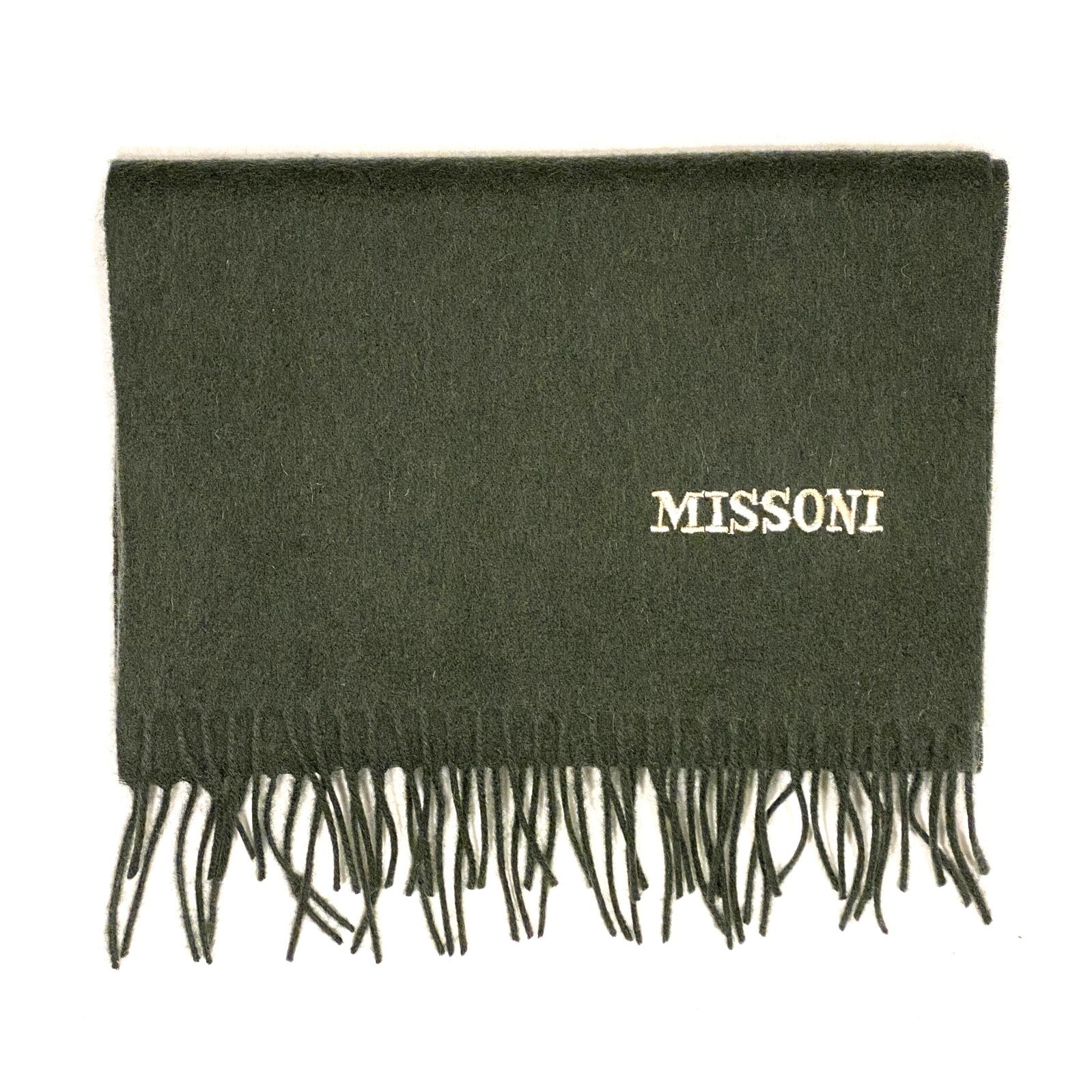 MISSONI Mens Womens Wool Fringe Scarf Ivory Logo Green Gray
