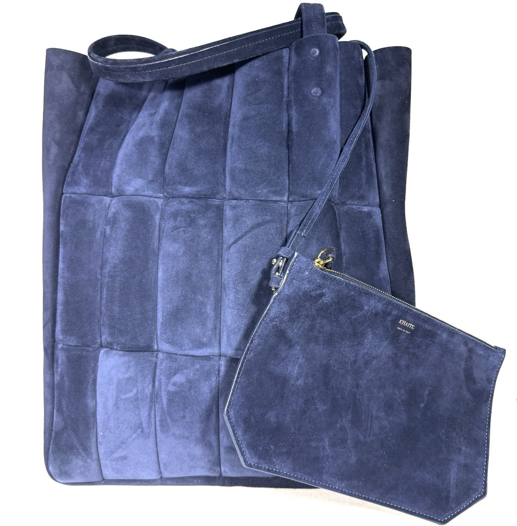 KHAITE Womens Zoe Quilted Suede Leather Tote Bag Midnight Navy Blue -MSRP $2,600