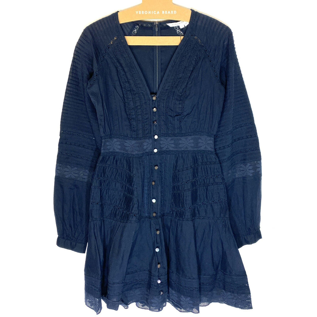 VERONICA BEARD Addilyn Long Sleeve Button V Neck Mini Dress Ink Blue (MSRP $498)