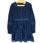 VERONICA BEARD Addilyn Long Sleeve Button V Neck Mini Dress Ink Blue (MSRP $498)