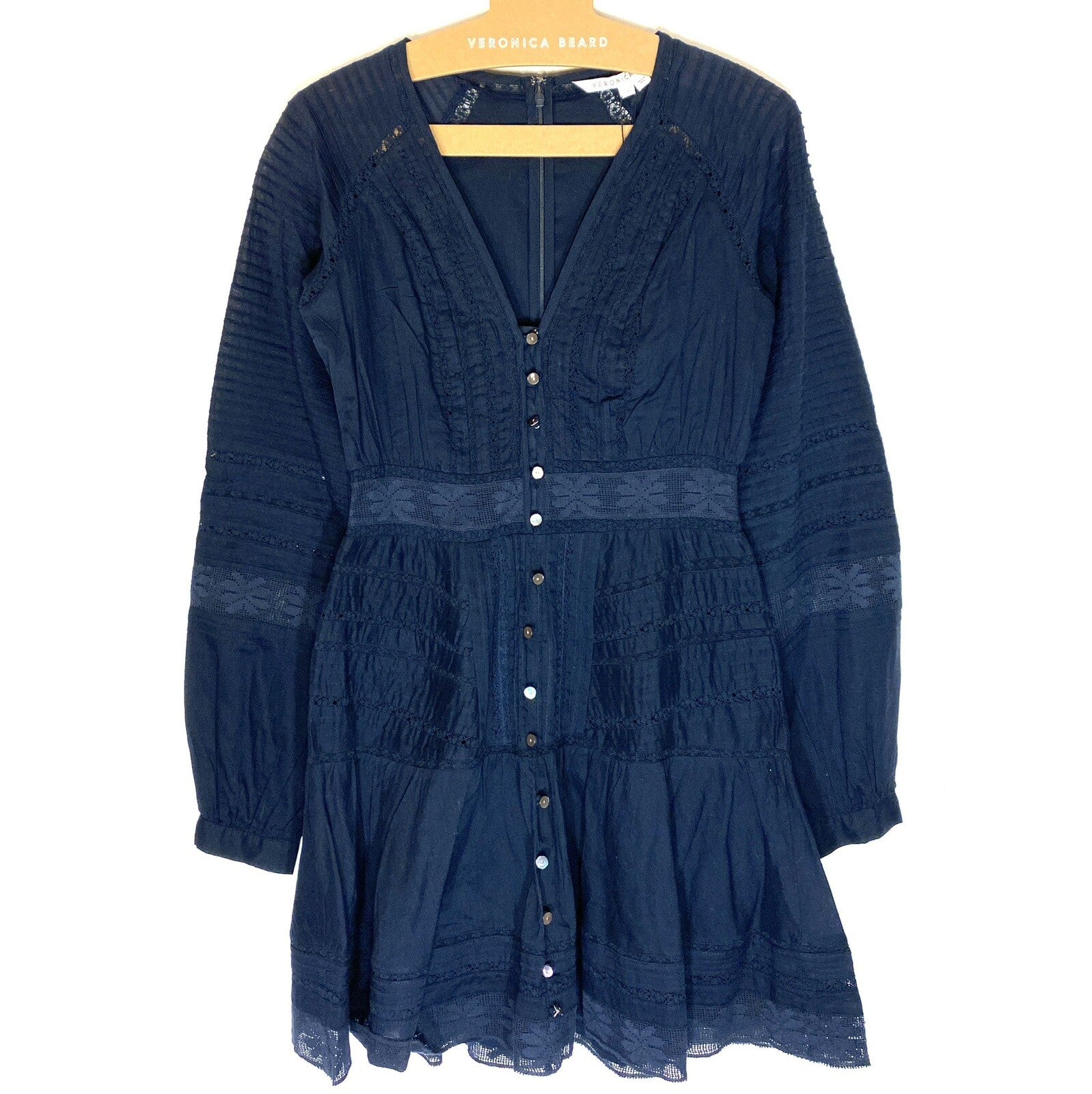 VERONICA BEARD Addilyn Long Sleeve Button V Neck Mini Dress Ink Blue (MSRP $498)
