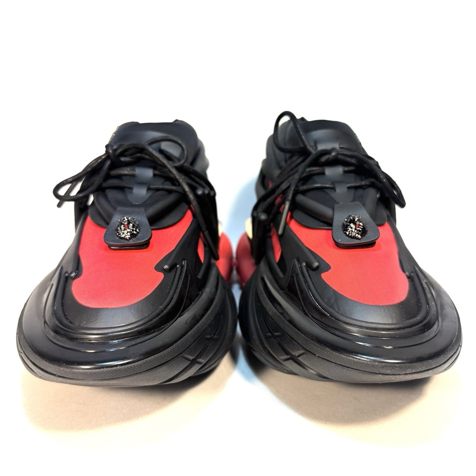 BALMAIN Mens Unicorn Neoprene Leather Low Top Sneakers Red Black (MSRP $1,295)