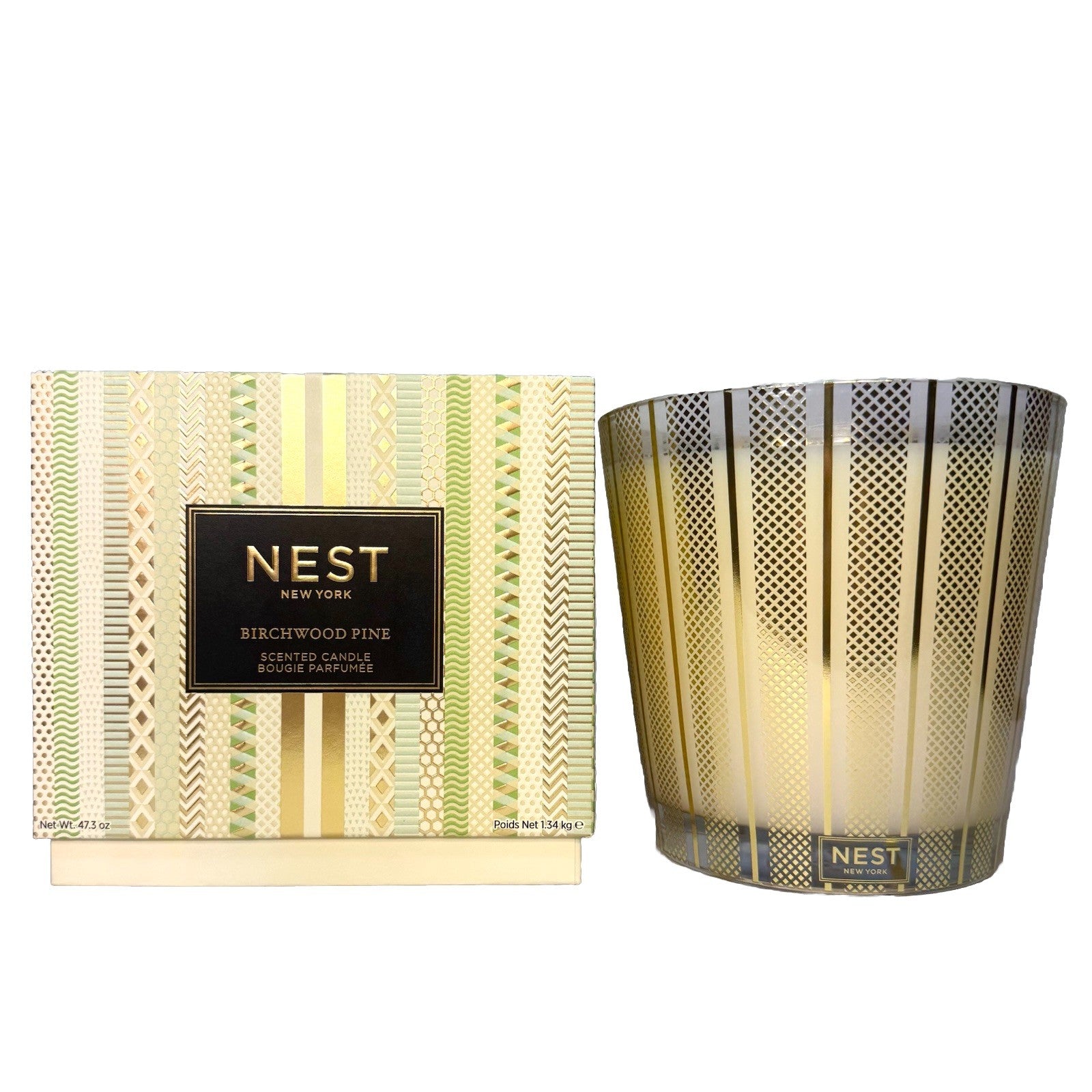 NEST Birchwood Pine Scented Luxury 4 Wick Candle Gold 47.3 oz (MSRP $230)