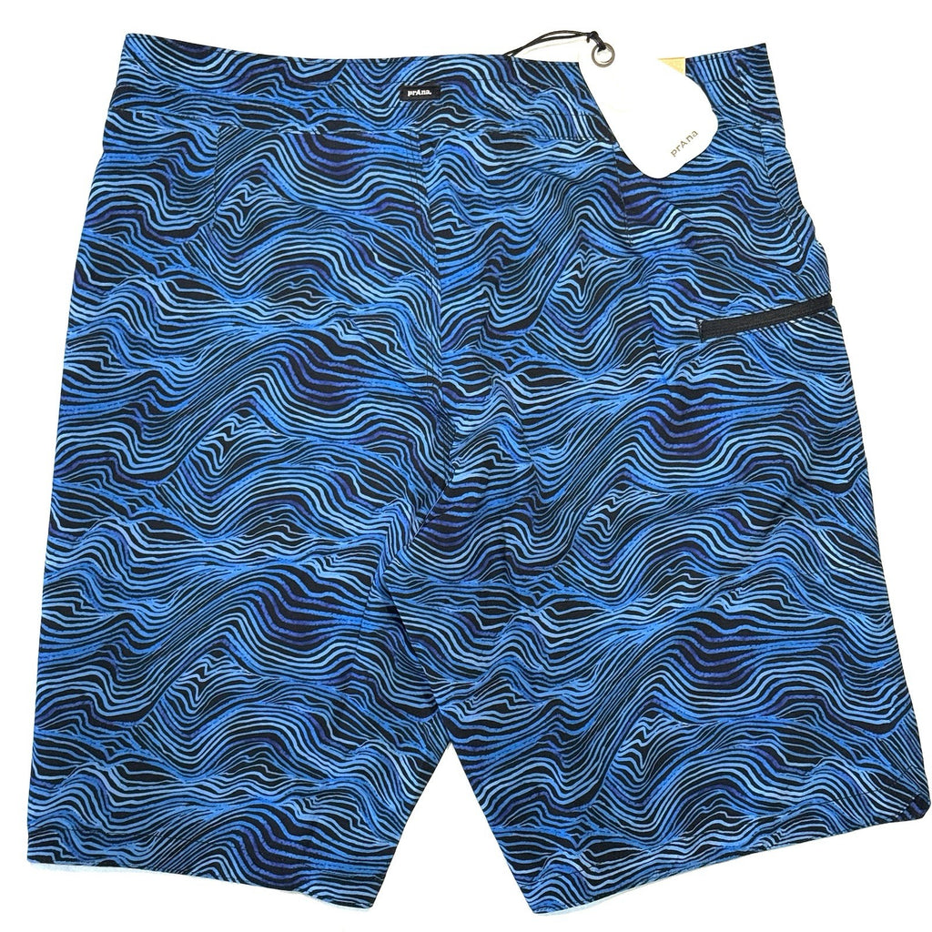 PRANA Mens 9in Fenton Board Shorts Swim Trunks Black Waves Blue (MSRP $65)