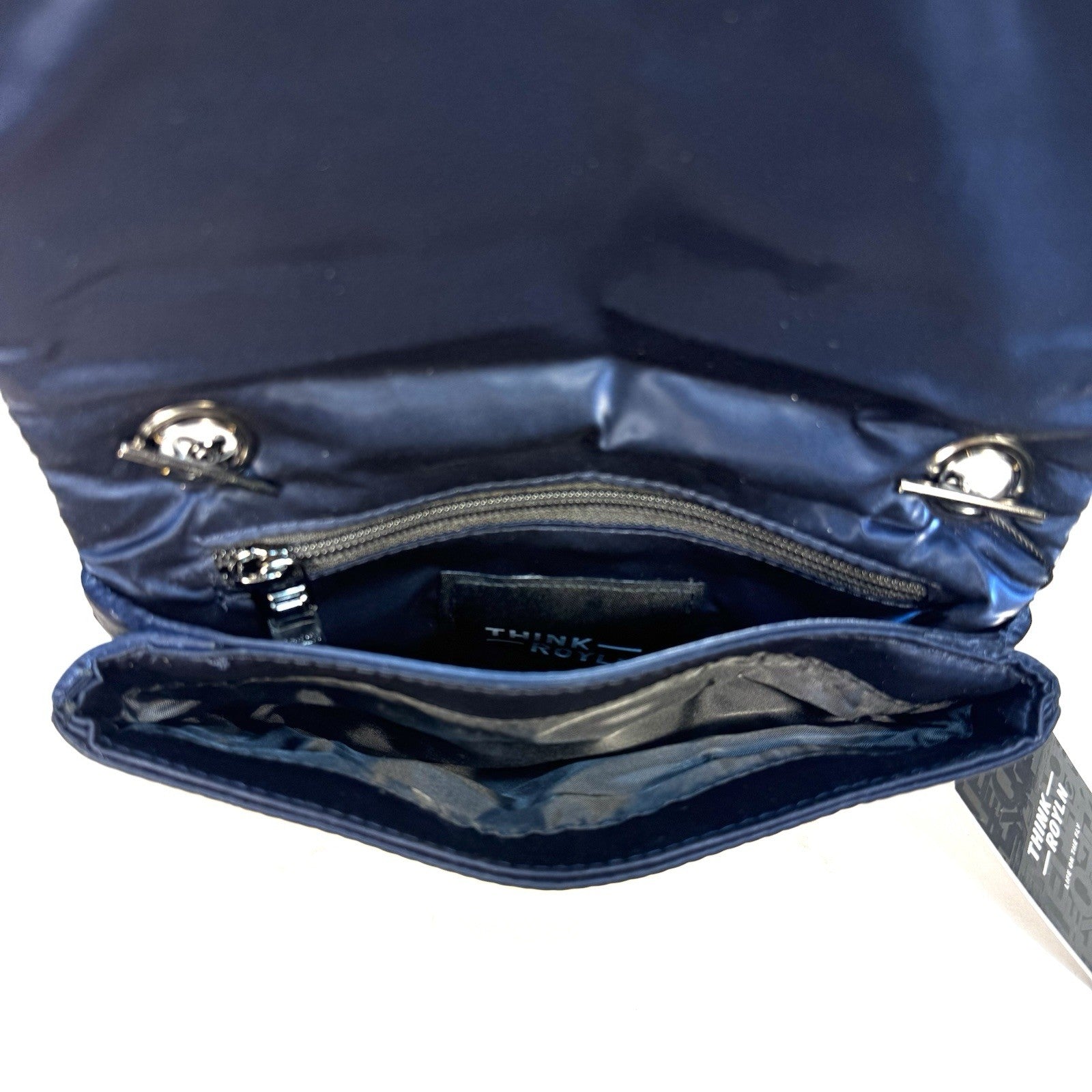 THINK ROYLN Crossbody Flap Bag On Chain Liquid Satin Indigo Blue (MSRP $98)