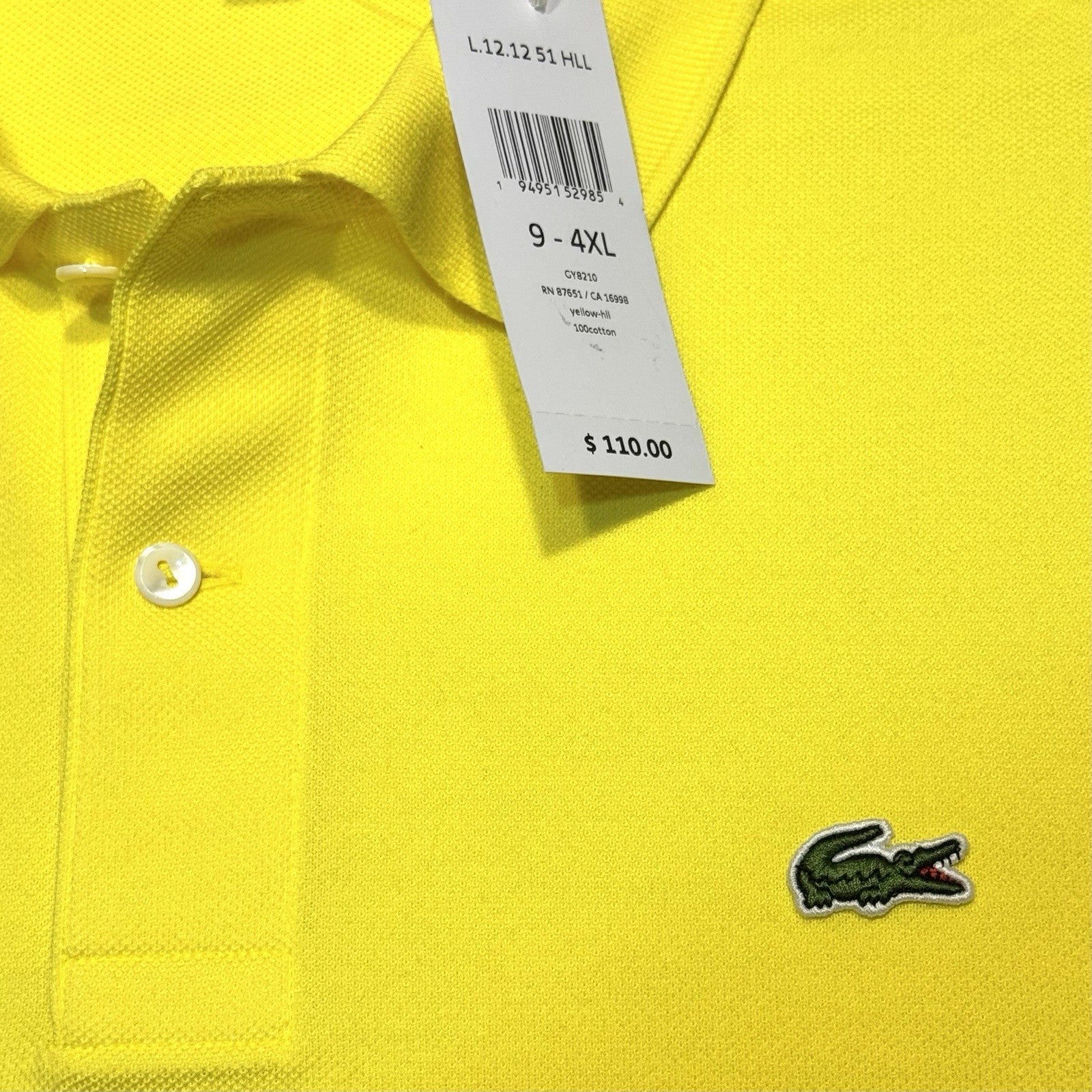 LACOSTE Mens Big Tall Logo Classic Pique Polo Shirt Yellow 4XL (MSRP $110)
