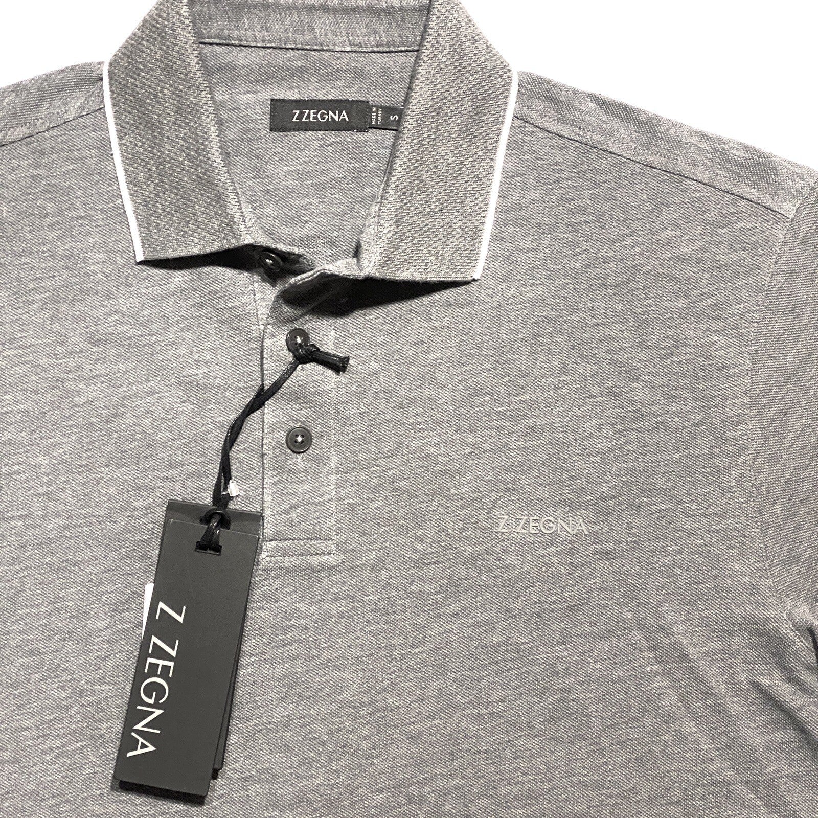 Z ZEGNA Mens Short Sleeve Pique Cotton Logo Polo Shirt Heather Grey S -MSRP $225