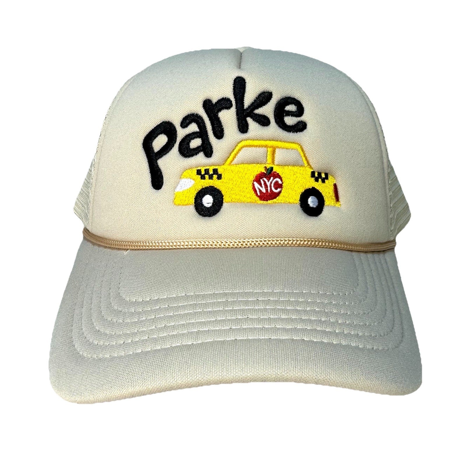 PARKE Womens NYC Taxi Cab Logo Embroidered Snapback Mesh Trucker Hat Beige