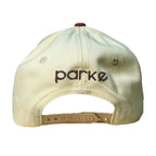 PARKE Womens Logo Heart 24 Embroidered Snapback Trucker Hat Beige Red