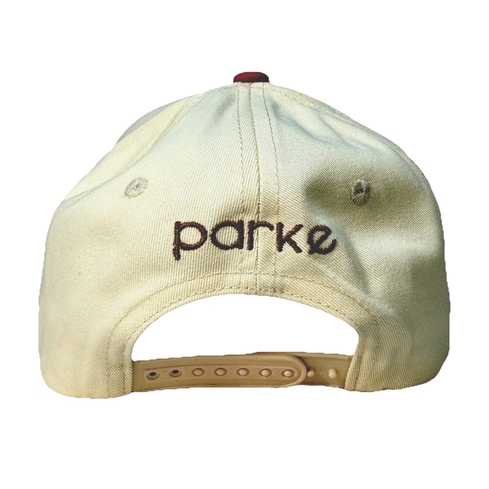 PARKE Womens Logo Heart 24 Embroidered Snapback Trucker Hat Beige Red