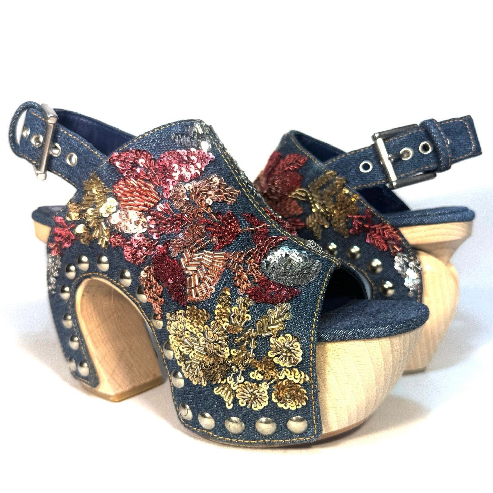 ALEXANDER MCQUEEN Womens Floral Beaded Denim Clog Mule Sandals 36 (MSRP $3,360)