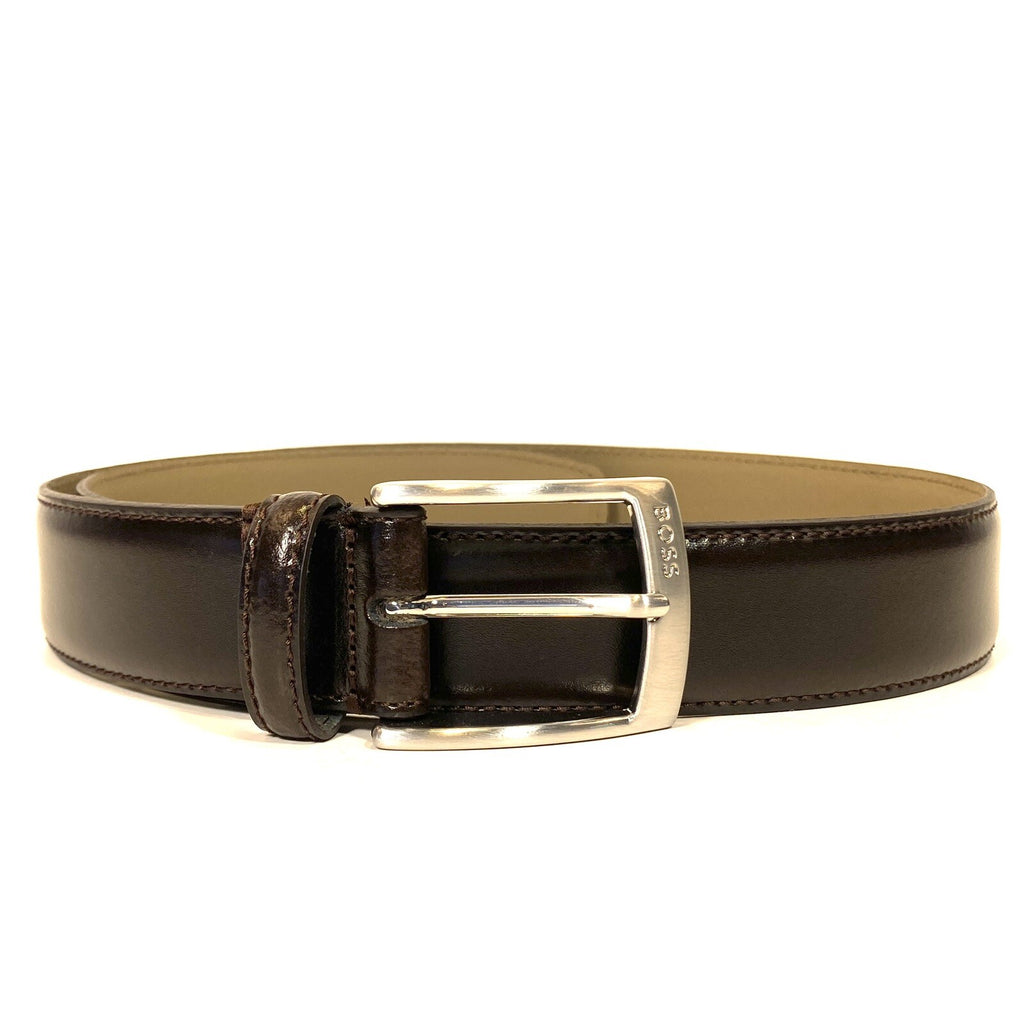 HUGO BOSS Mens Esily Handmade in Italy Leather Buckle Belt Brown