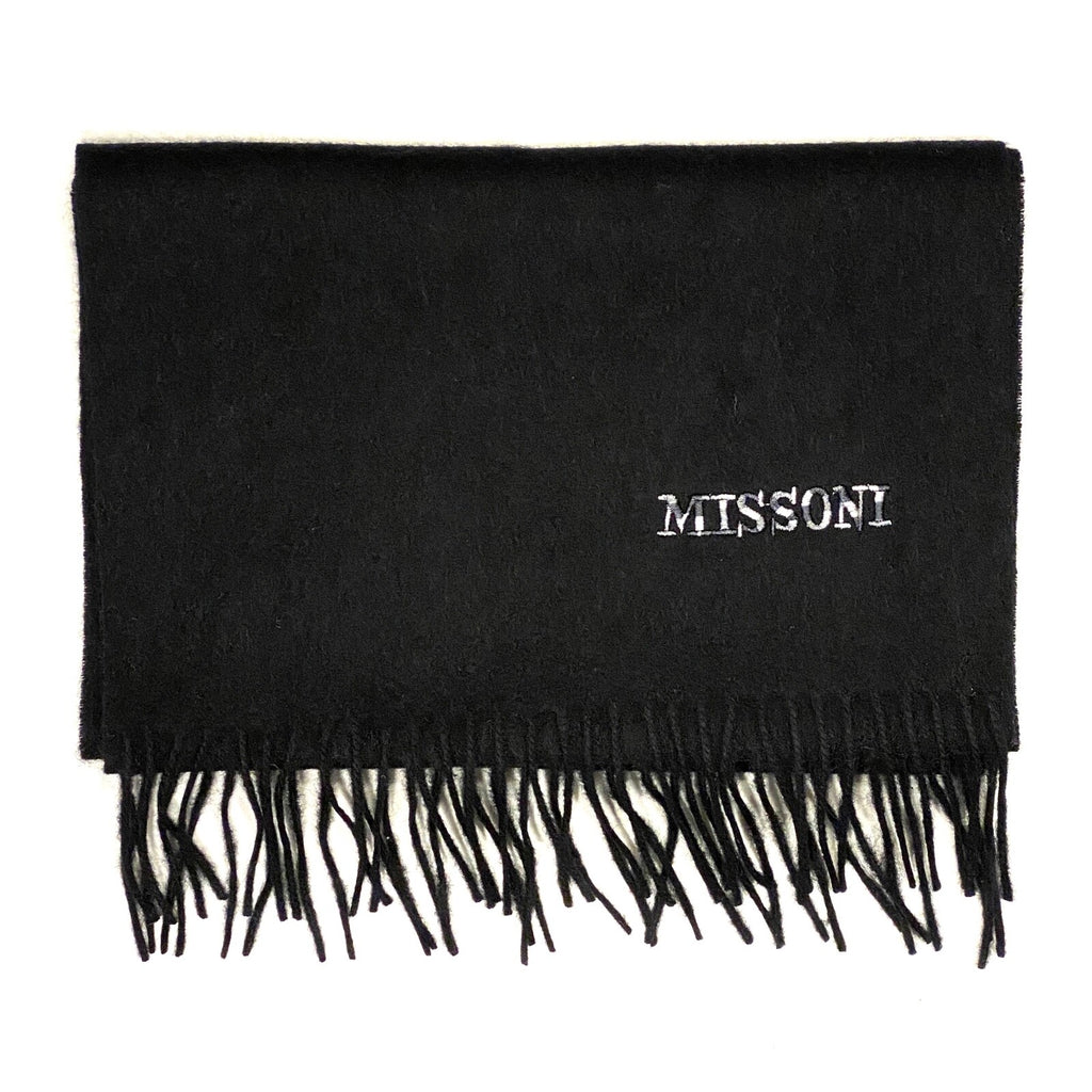 MISSONI Mens Womens Wool Fringe Scarf Neutral Logo Black Gray Red
