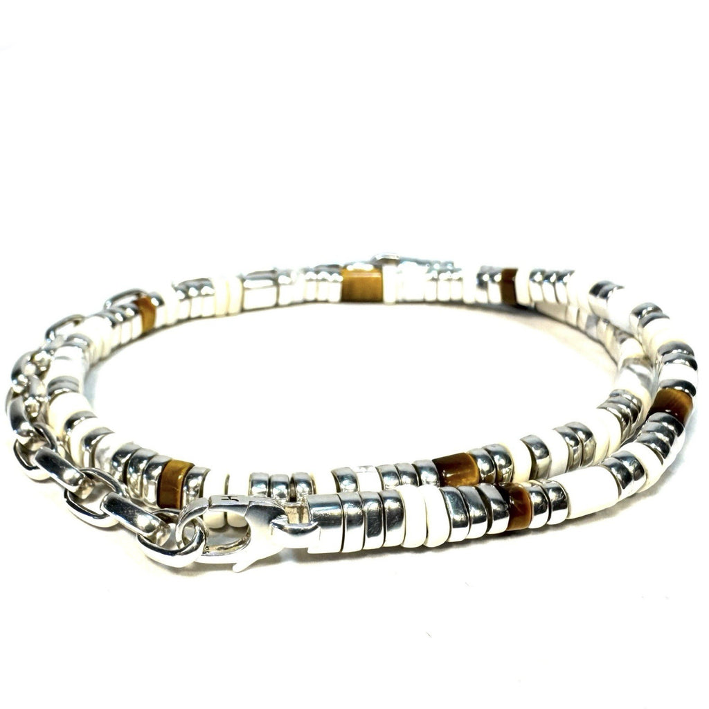 JOHN HARDY Mens .925 Silver 5mm Colorblock Tiger Eye Howlite Choker Necklace