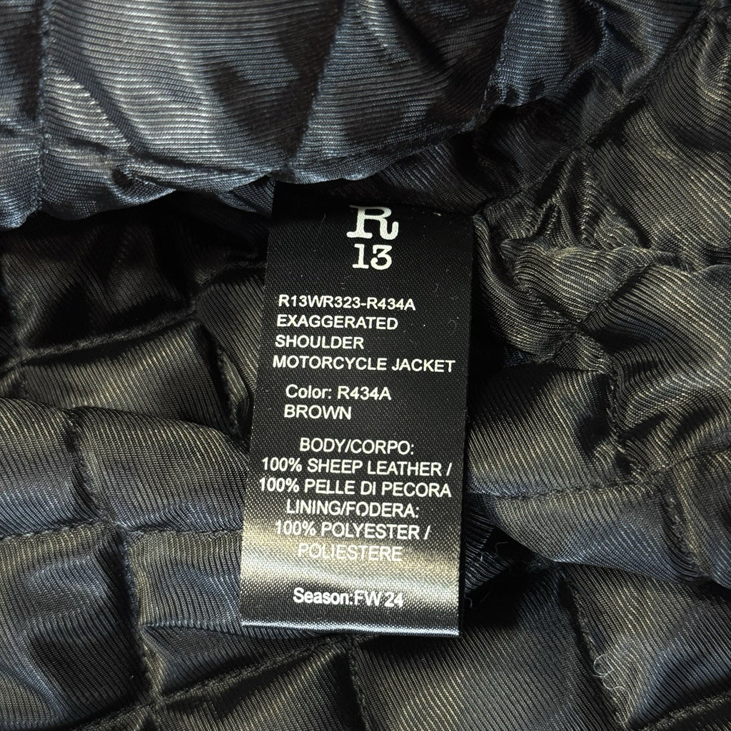 R13 Womens Exaggerated Shoulder Leather Motorcycle Jacket Brown (MSRP $1,995)