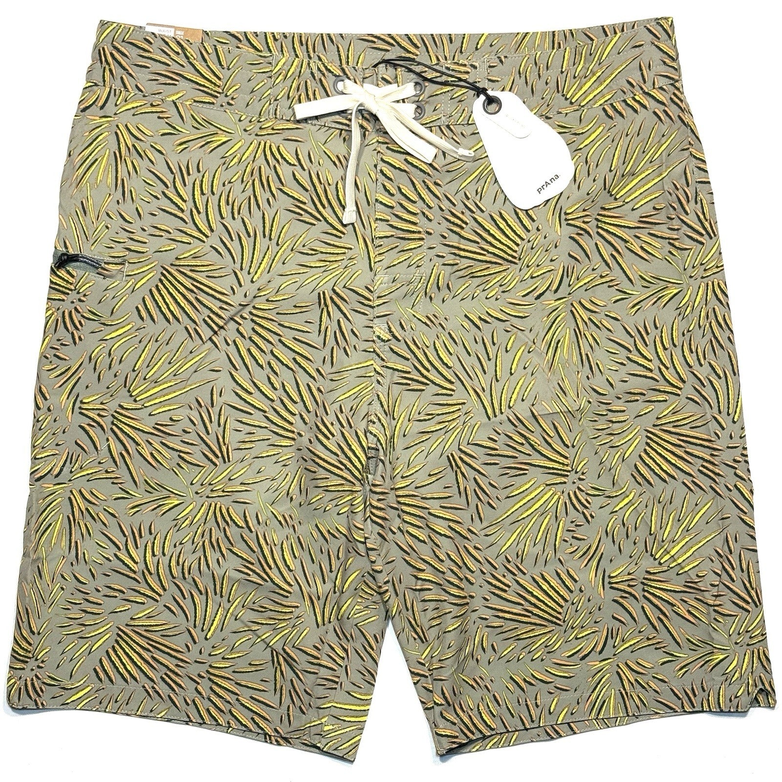 PRANA Mens 9in Fenton Board Shorts Swim Trunks Juniper Fronds Green (MSRP $65)