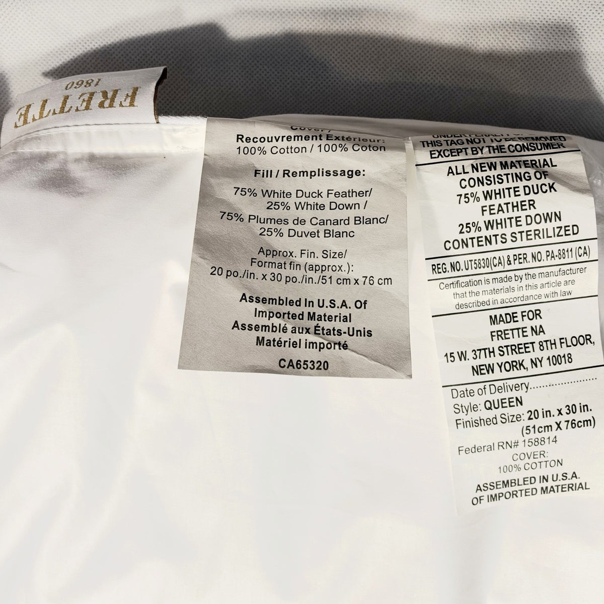 FRETTE Livia Down Feather Fill Bed Pillow Insert Queen (MSRP $275)