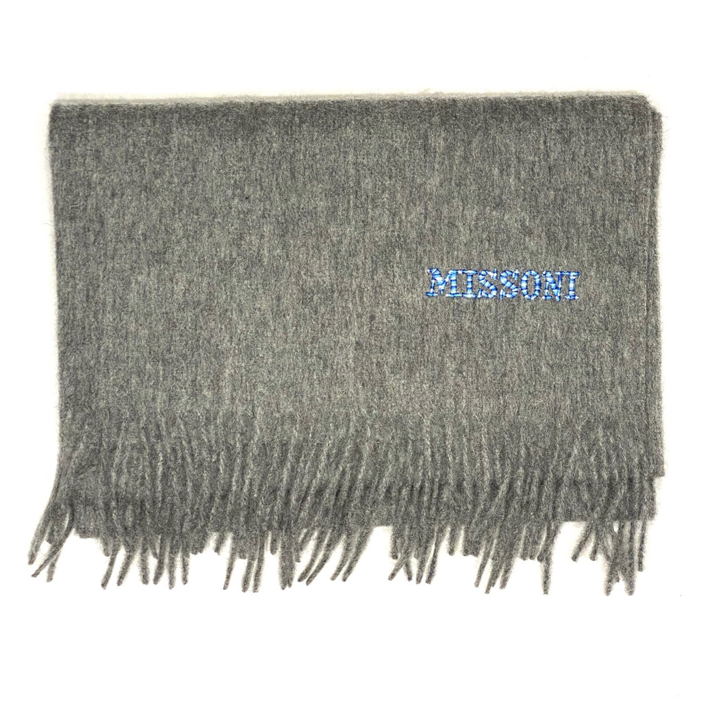 MISSONI Mens Womens Wool Fringe Scarf Blue Logo Navy Gray Beige