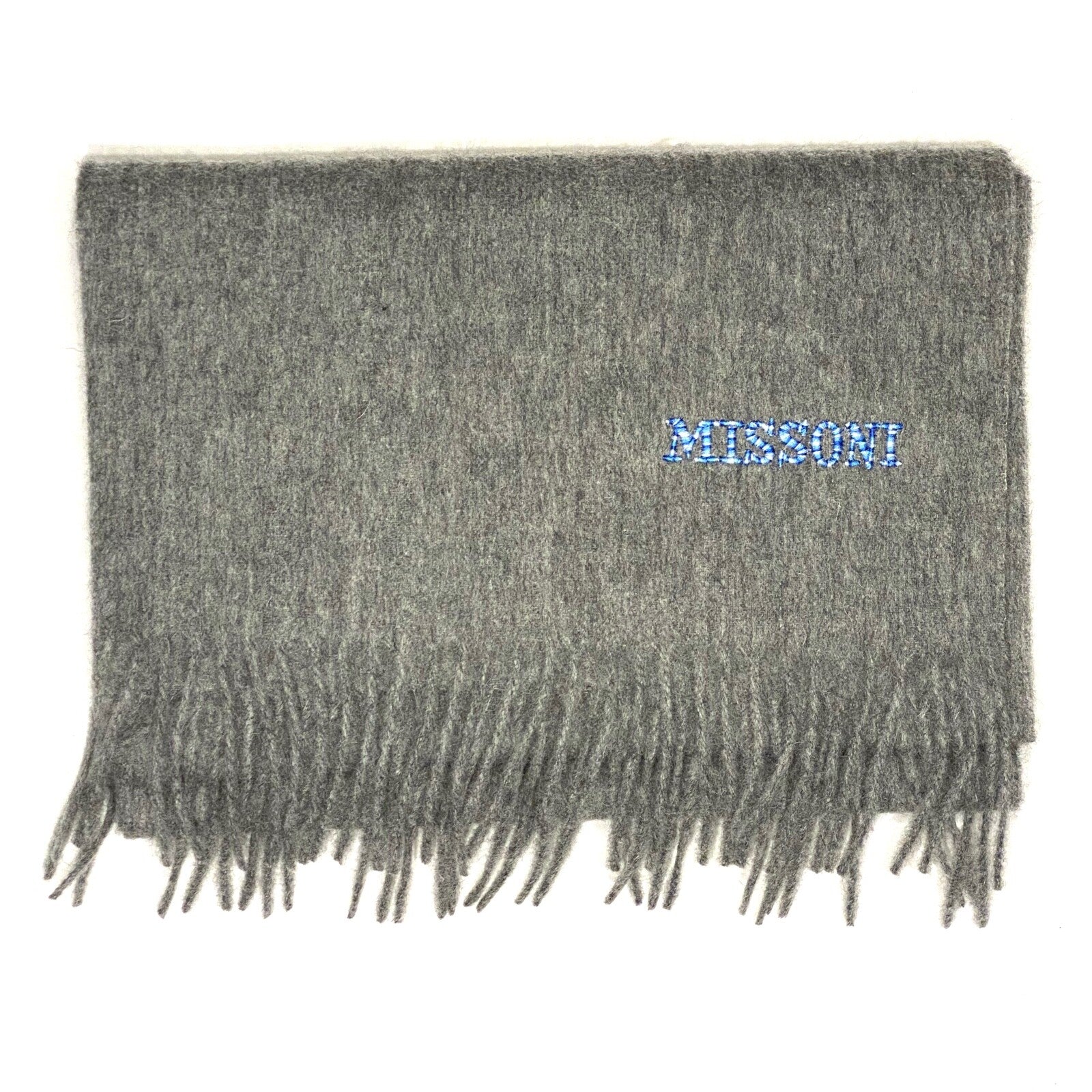 MISSONI Mens Womens Wool Fringe Scarf Blue Logo Navy Gray Beige