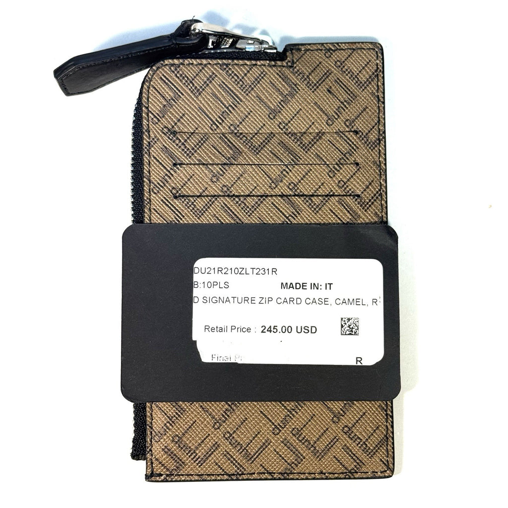 DUNHILL Signature Logo Printed Leather Zip Card Case Wallet Camel (MSRP $245)