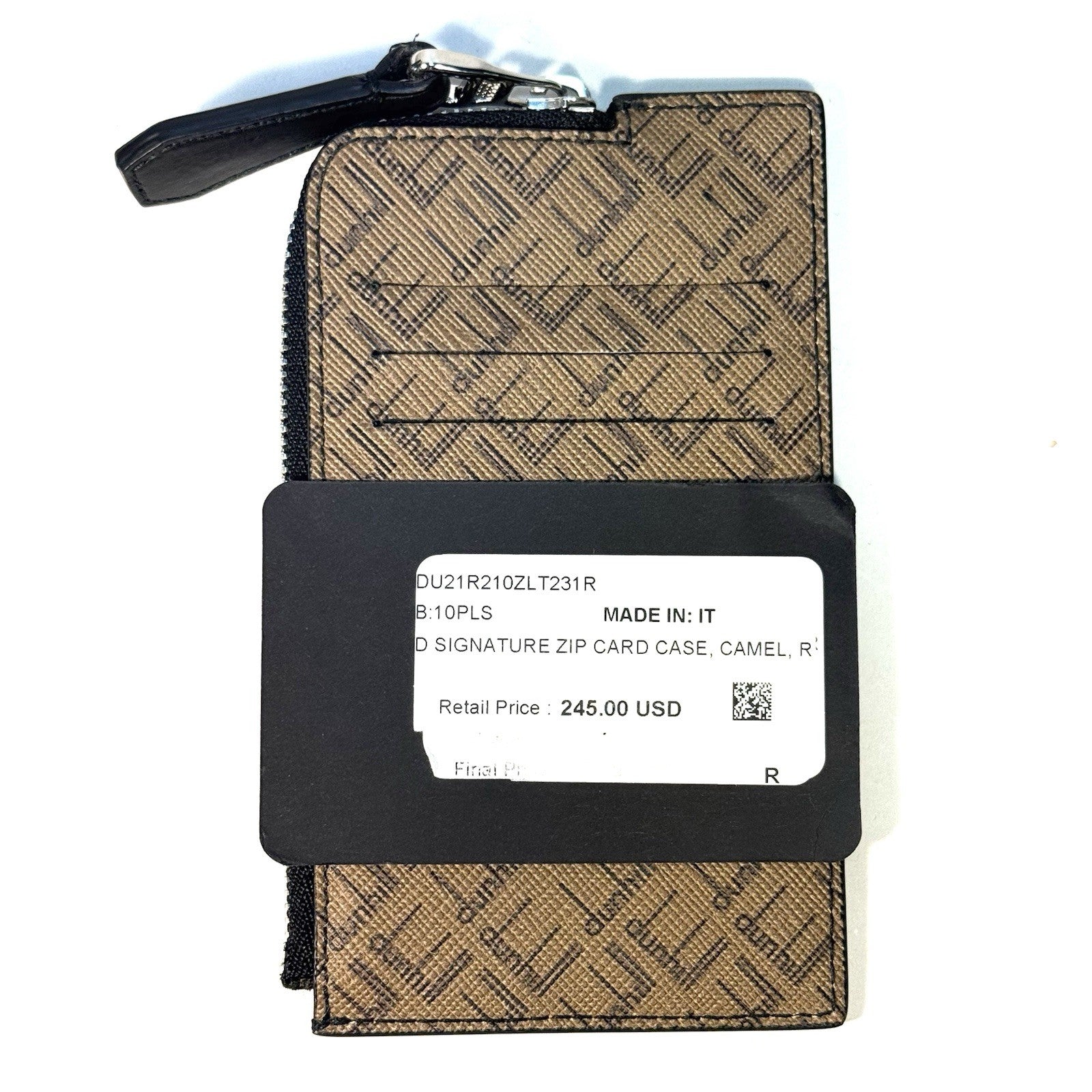 DUNHILL Signature Logo Printed Leather Zip Card Case Wallet Camel (MSRP $245)