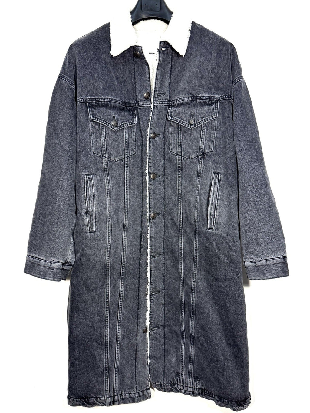 R13 Womens Lyle Denim Sherpa Long Trucker Parka Coat Stone Black L (MSRP $845)