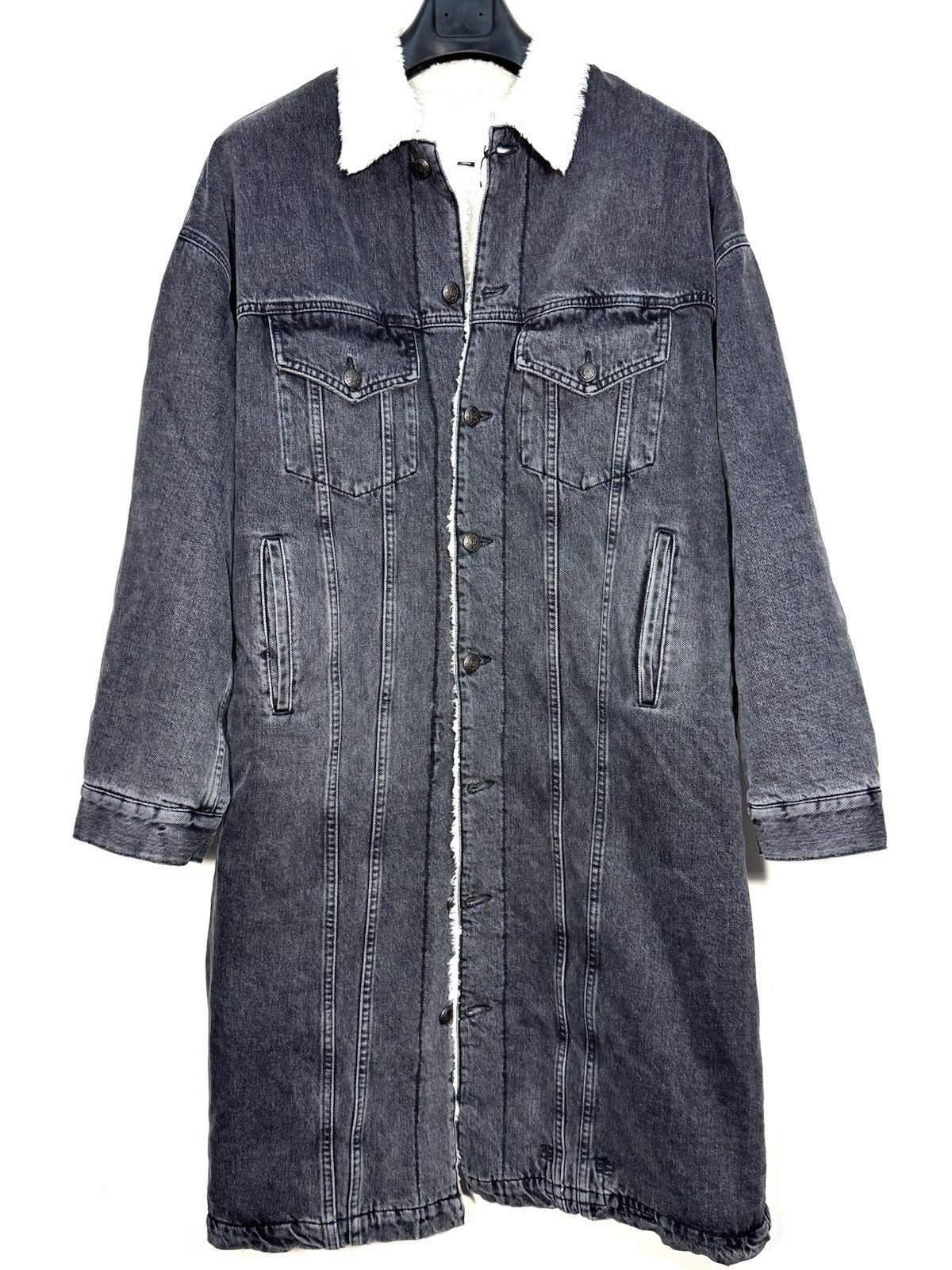 R13 Womens Lyle Denim Sherpa Long Trucker Parka Coat Stone Black L (MSRP $845)