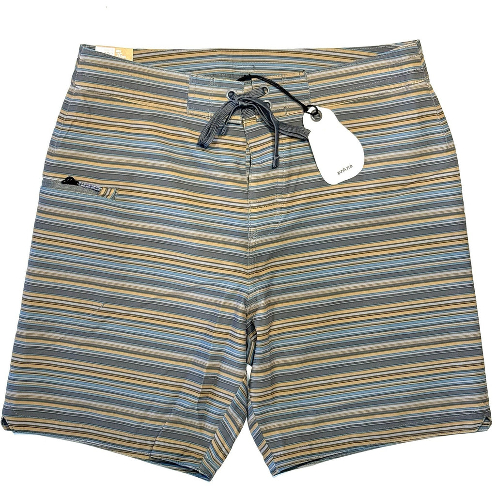 PRANA Mens 7in Fenton Board Shorts Swim Trunks Flint Stripe Grey 30 (MSRP $65)