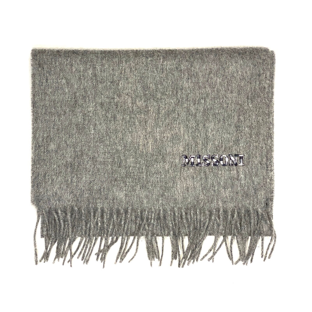 MISSONI Mens Womens Wool Fringe Scarf Neutral Logo Black Gray Red