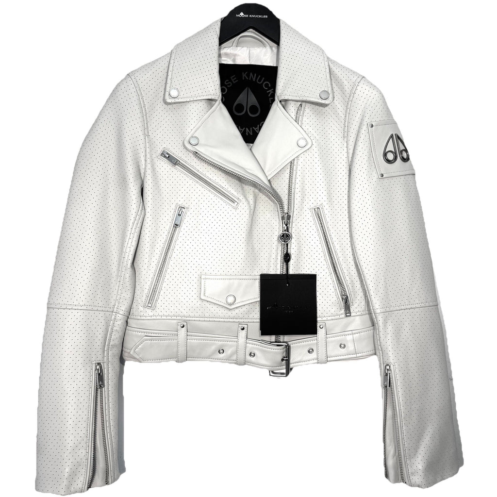 MOOSE KNUCKLES Womens Jones Lamb Leather Biker Jacket Willow Grey (MSRP $990)