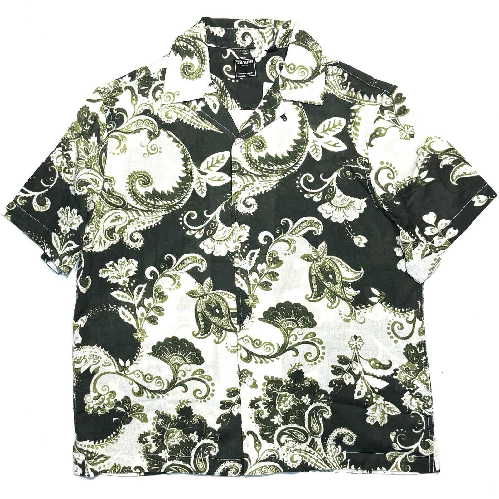 TODD SNYDER Mens Abstract Paisley Floral Crepe Camp Shirt Green (MSRP $228)