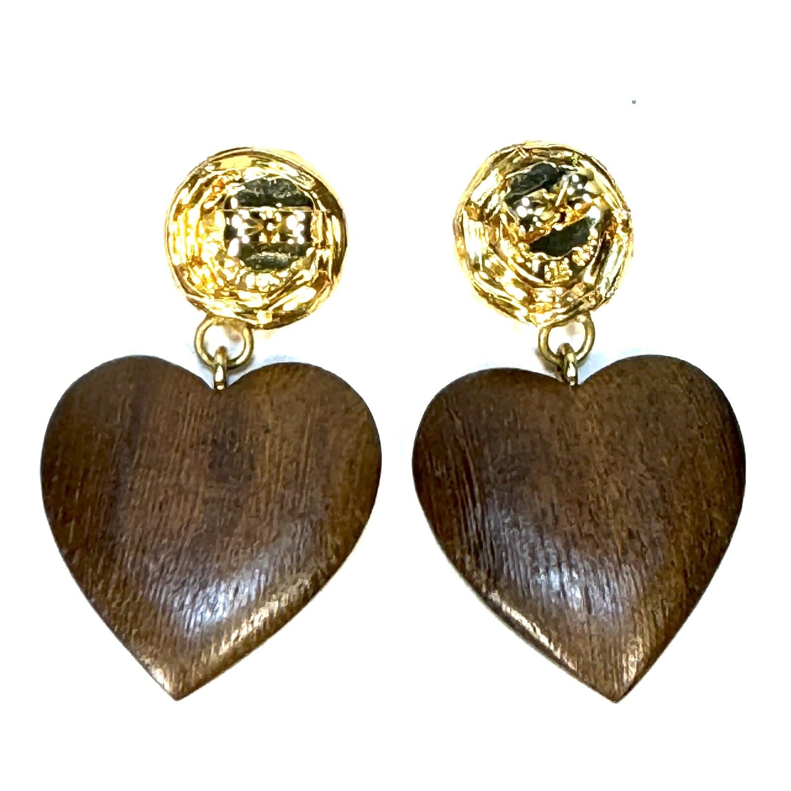 REBECCA DE RAVENEL Mini Cora Wood Heart Earrings Gold Post Back (MSRP $215)
