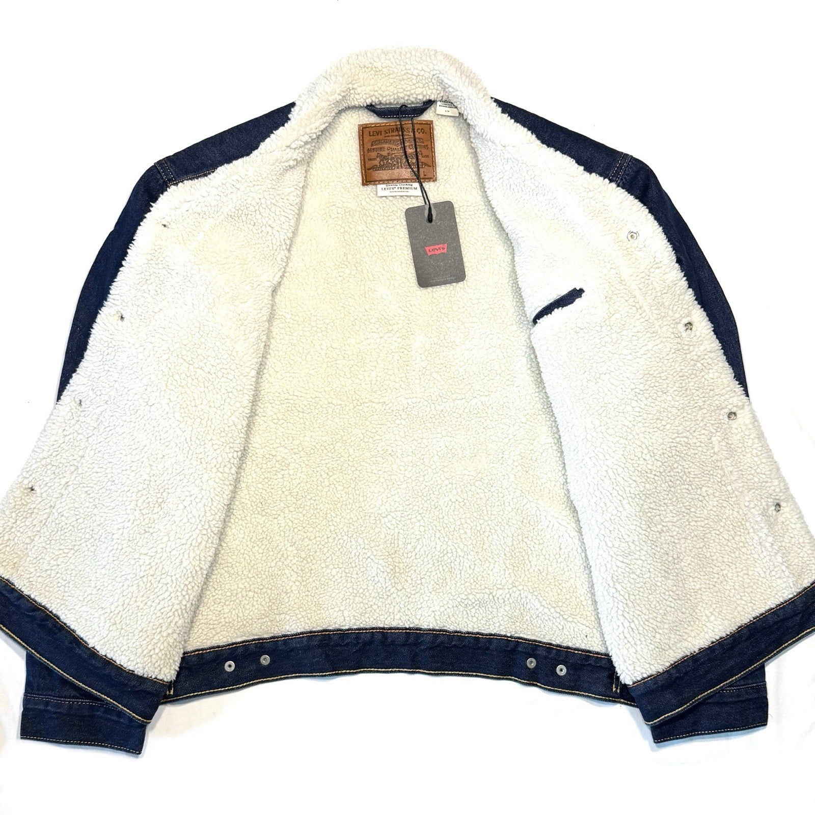 LEVIS Mens Premium Sherpa Jacket Denim Jean Trucker Jacket Dark Blue L