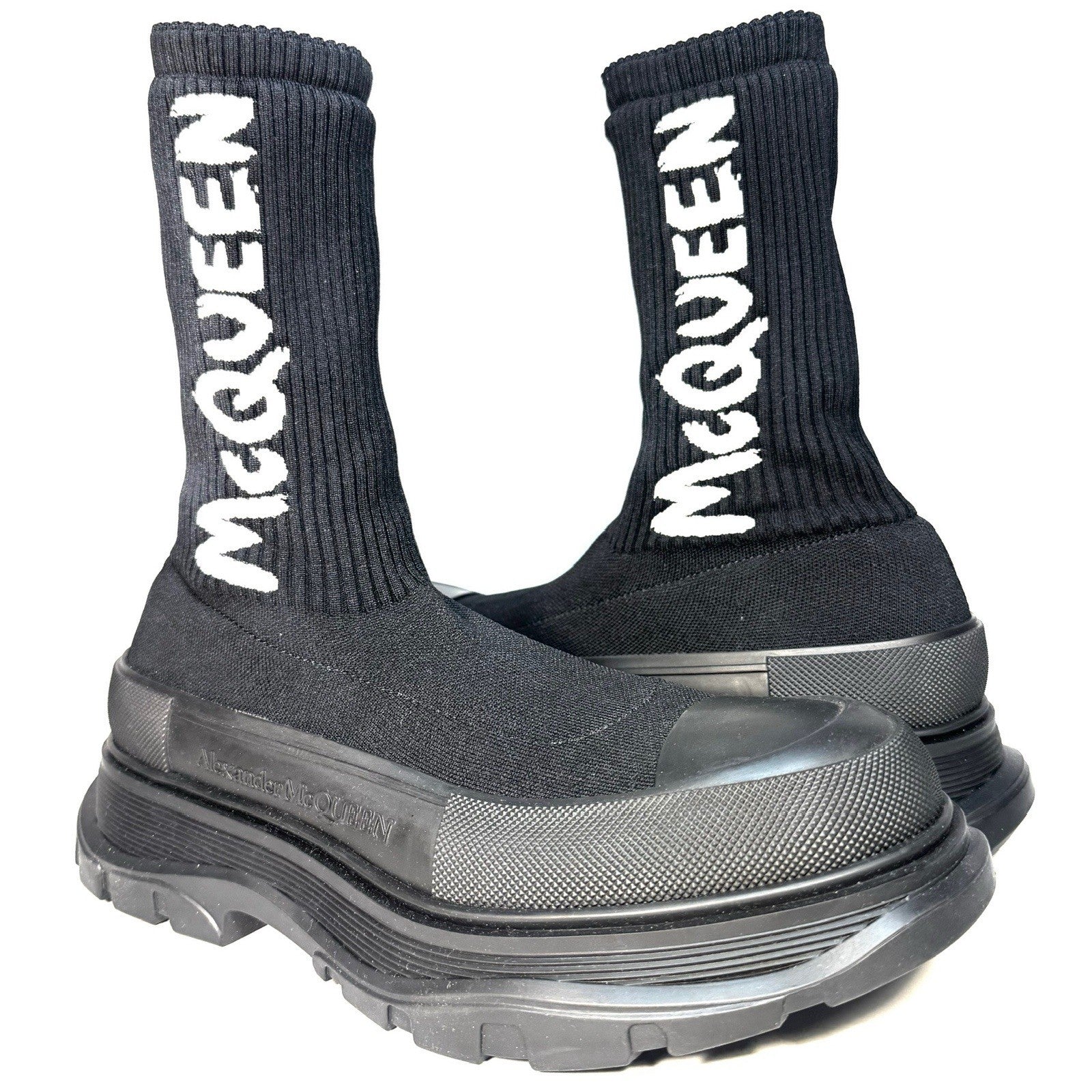 ALEXANDER MCQUEEN Mens Tread Slick Logo Knit Sock Sneaker Boots Black -MSRP $990