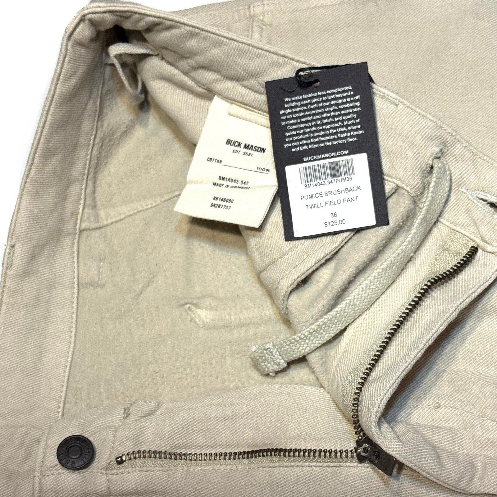 BUCK MASON Mens Pumice Brushback Twill Field Pants Sand Dune Khaki 36 -MSRP $125