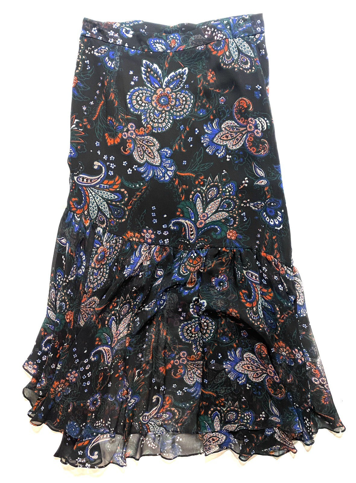 VERONICA BEARD Tiare Ruffled Silk High Low Paisley Skirt Black (MSRP $548)