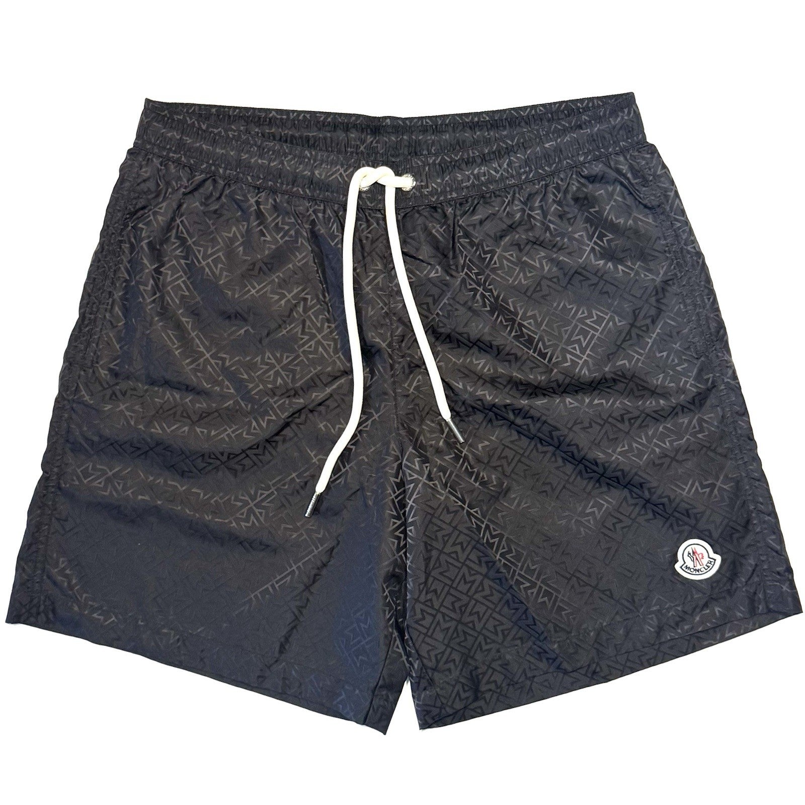 MONCLER Mens Satin Jacquard Logo Swim Trunks Shorts Black M (MSRP $530)