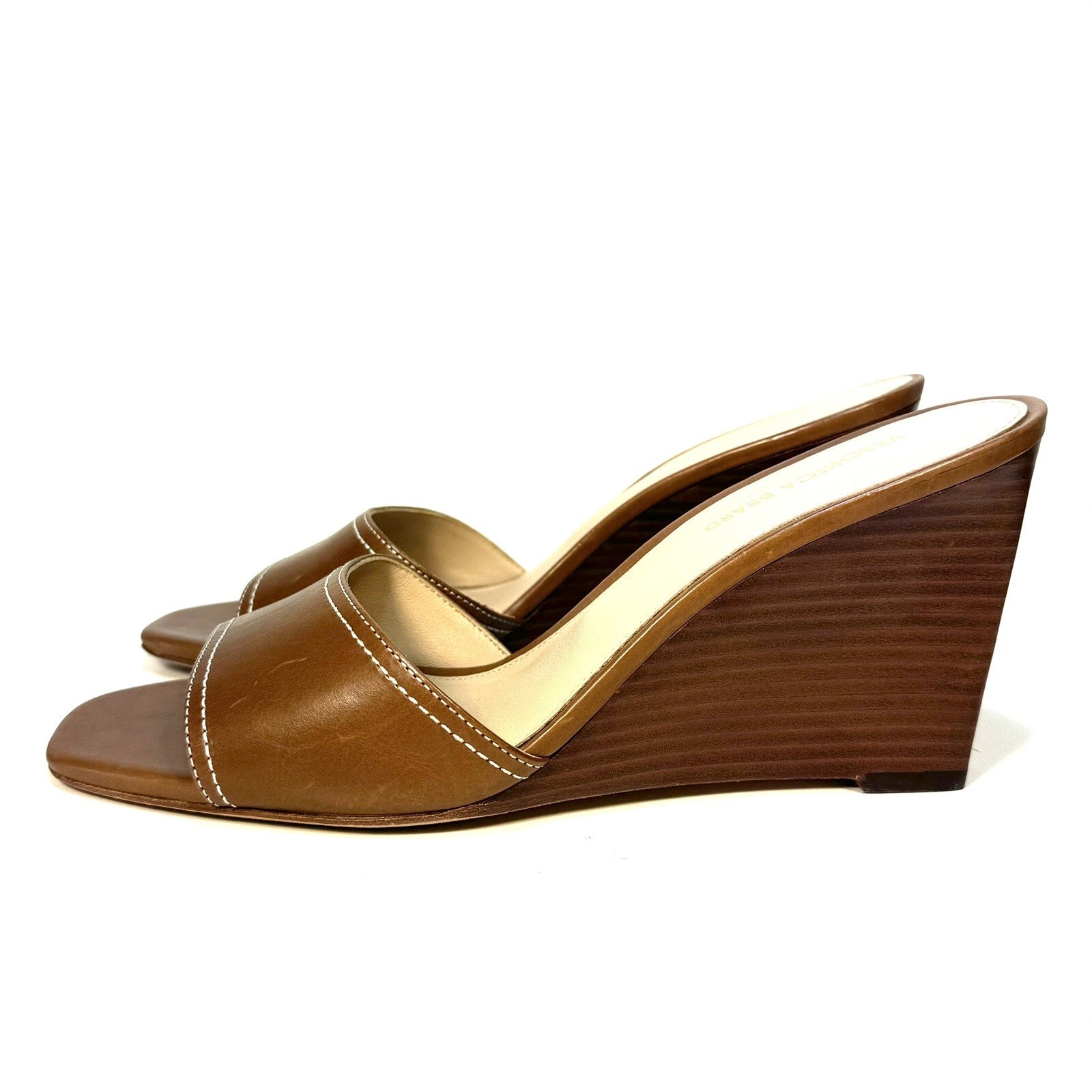 VERONICA BEARD Ellen Leather Wedge Slip On Sandals Caramel Brown (MSRP $350)