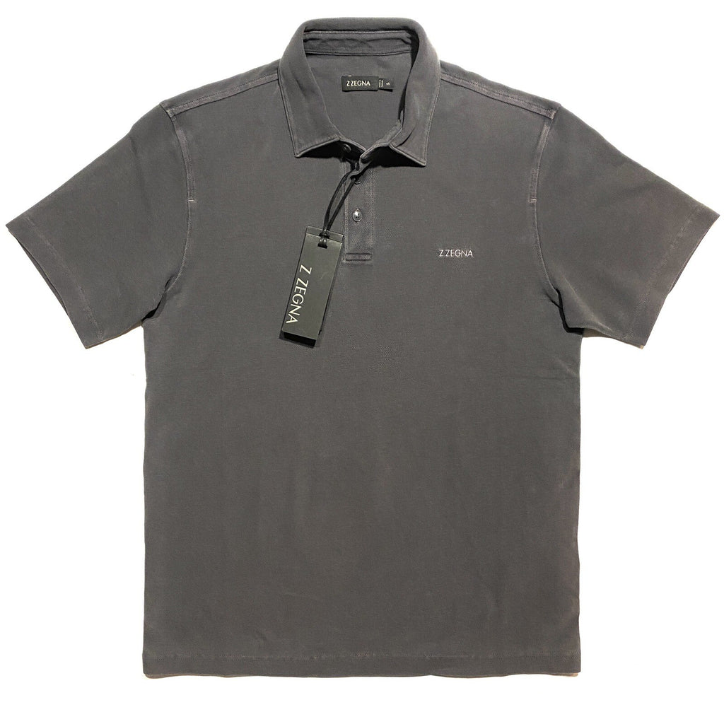 Z ZEGNA Mens Garment Dyed Logo Short Sleeve Pique Polo Shirt Grey